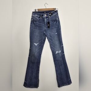 Express Y2K flare jeans distressed mid rise stretch denim dark wash 4S NWT